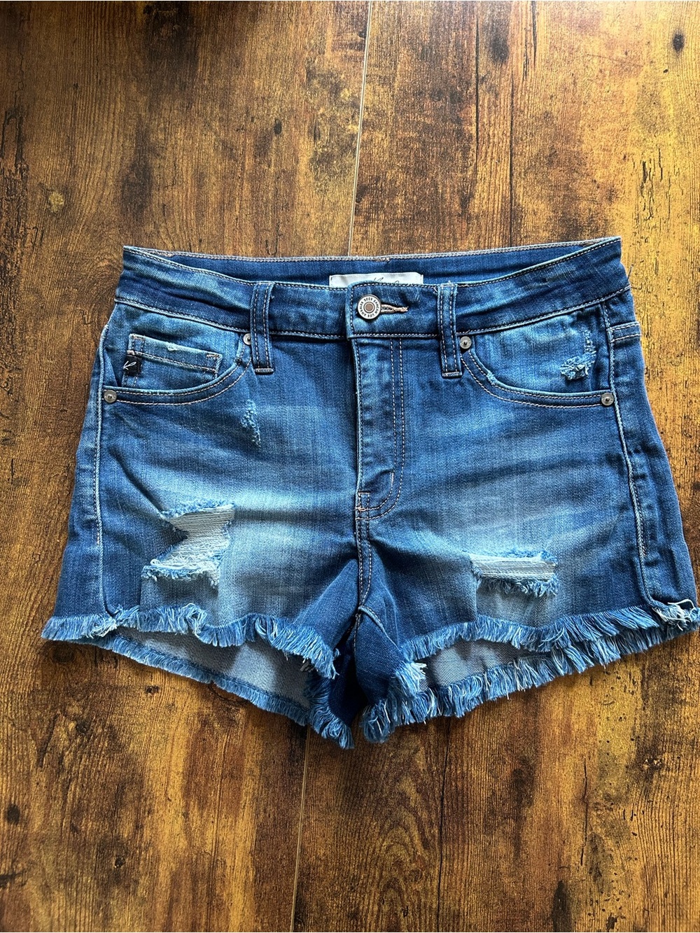 KanCan Frayed Hem Distressed Blue Denim Shorts - Women's